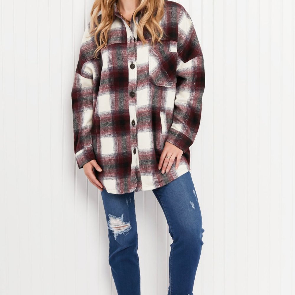 Zenana Autumn Evening Full Size Plaid Longline Shacket in Burgundy - Picture 8 of 9